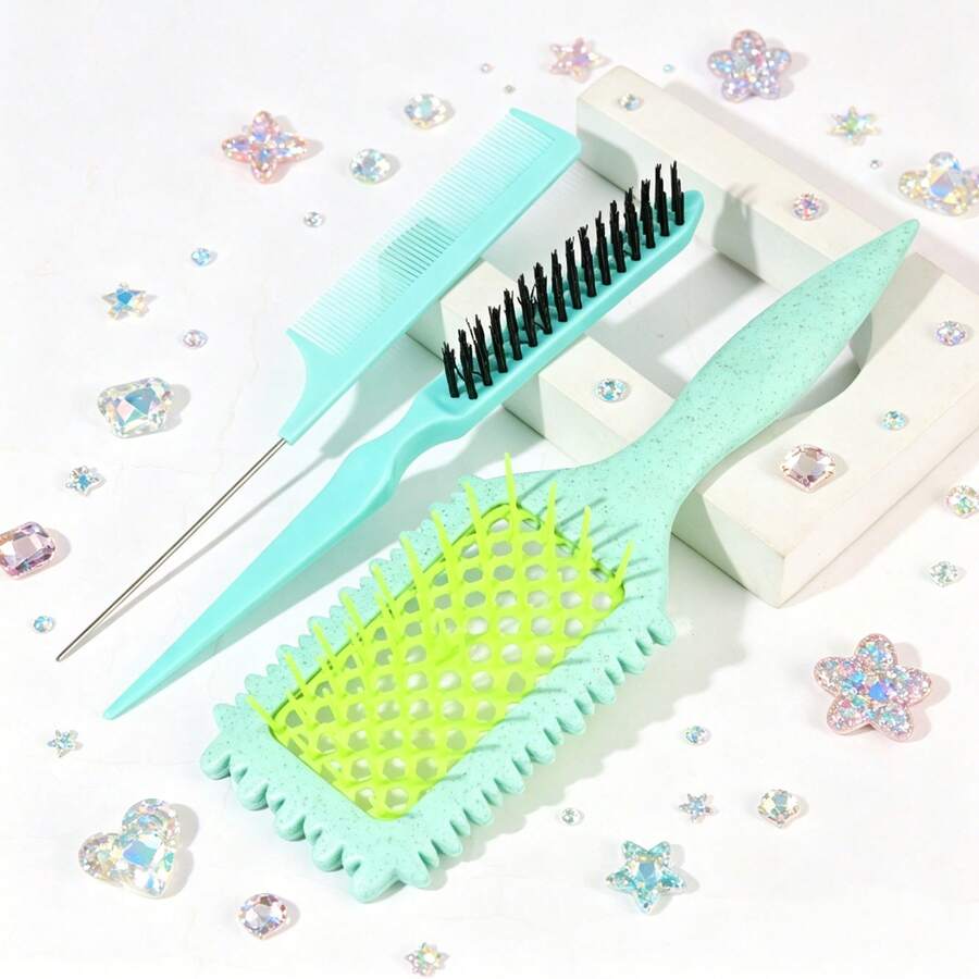 理髮梳 濕用乾用皆可 梳理按摩空心格梳 鋼針尖尾梳 - 彩色 - 查看 1