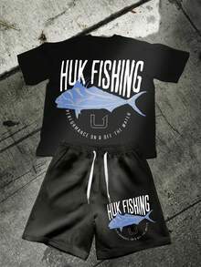 Men's Performance Fishing HUK Bold Letter Blue Trevally Fish Circle Slogan Print Tee & Casual Sport Shorts Set On & Off Water Outfit - Black - View 1