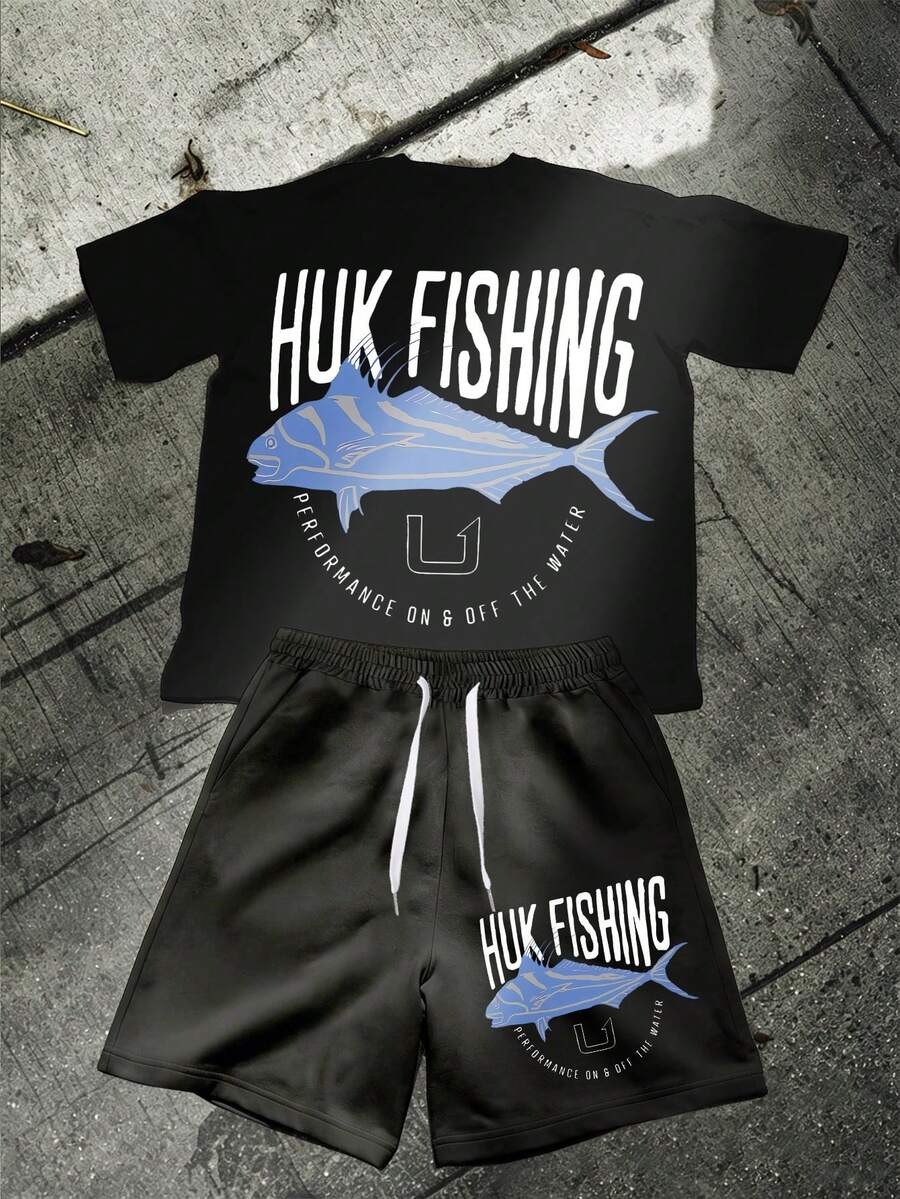 Men's Performance Fishing HUK Bold Letter Blue Trevally Fish Circle Slogan Print Tee & Casual Sport Shorts Set On & Off Water Outfit - Black - View 1