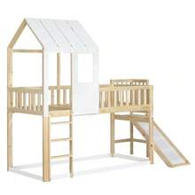 Bunk Bed With Right-Angled Ladder And Slide, House Bed With Roof And Window, With Fall Protection And Railing, Pine Frame, Natural+White (90x200cm) - Natural - 查看 11