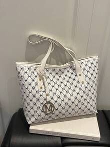 New Women's Tote Bag, Large Capacity All-Over Letter Print. Suitable For Commuting, School, Ample Space, Portable And Practical, Versatile Classic Casual And Business Casual Style. For Girls, Students And Professionals, Suitable For Work, Campus, Travel. Zipper Design, Fashionable And Beautiful. - White - View 2