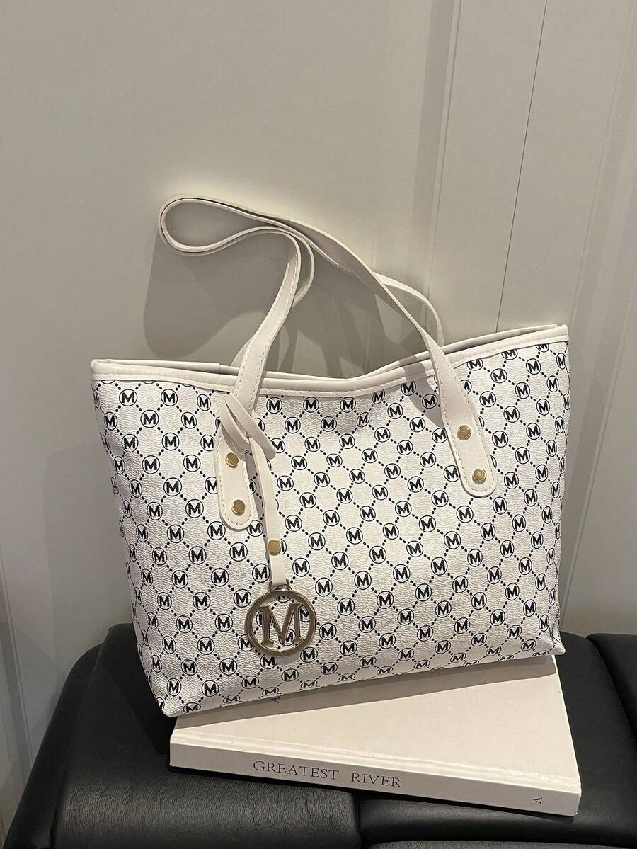 New Women's Tote Bag, Large Capacity All-Over Letter Print. Suitable For Commuting, School, Ample Space, Portable And Practical, Versatile Classic Casual And Business Casual Style. For Girls, Students And Professionals, Suitable For Work, Campus, Travel. Zipper Design, Fashionable And Beautiful.