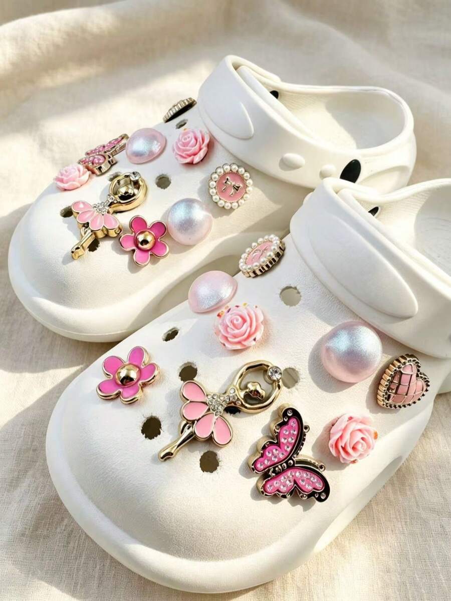 18pcs Rhinestone Butterfly Heart Pearl Flower Resin Fashion Minimalist Ins Style DIY Shoe Charms - Multicolor - View 1