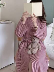 女款春夏秋新款睡袍連衣裙，可外穿，寬鬆性感繫帶睡衣，和服式浴袍，適合情人節與聖誕節 - 紅色條紋 - 查看 4