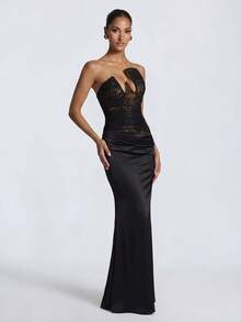 Women's Black Sexy Lace Sequin Patchwork Backless Criss-Cross Tie Ruffle Mermaid Party Evening Dress Wedding - Black - View 6