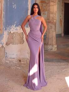 Elegant Halter Neck Pleated Rhinestone Evening Dress, Backless Design With Adjustable Straps Wedding Party - Dusty Pink - View 4