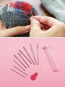 [9pcs/Set]Large Hole Tip Sewing Needles, Includes 5.2-7cm 3 Sizes Metal Needles, Matching Threader And Storage Tube, Suitable For Yarn Sewing, Tapestry Stitching And Other Handicraft Sewing Needs - Needle Set - View 3