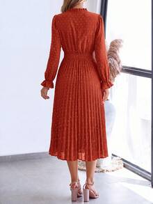 PRETTYGARDEN Women's Spring Fall Midi Dress Casual Long Sleeve V Neck Swiss Dot Pleated A Line Flowy Dresses New Years Party Valentine Vacation Dresses For Women - 磚紅色 - 查看 2
