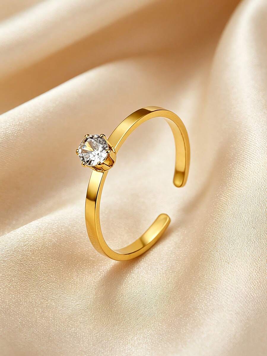 MONALLY 18K Gold Plated Minimalist Gold Tone Stainless Steel Open Ring With Sparkling Cubic Zirconia For Women Everyday Elegance Jewelry - Open Ring - View 1