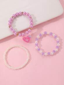 3pcs/Set Girls Colorful Beads Beaded Heart Bracelet Set Combination Suitable For Daily Decoration - Multicolor - View 2
