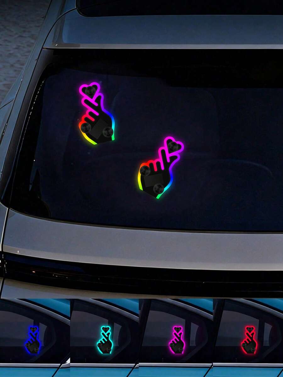 Solar Powered Car Finger Gesture Light, Colorful LED Heart Hand Window Decor Lamp, Suction Cup Auto Rear Window Neon Light, Funny Car Exterior Interior Modification Accessory, Multi‑Color Flashing Car Decoration Light - Multicolor - View 1