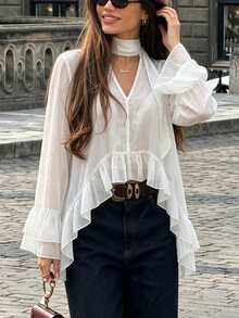 Women's Neckline Tie Bell Sleeve Ruffle Tulle Top, Bohemian Style Loose Fit White - White - View 3