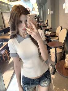 女款夏季新款復古風配色拼接針織 Polo 衫短袖修身通勤上衣 - 杏色 - 查看 2