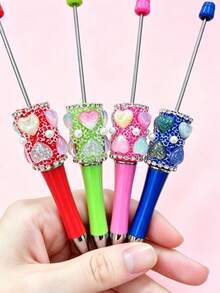 [20pcs]10 Cute Heart-Shaped Beaded Ballpoint Pen Set With 10 Extended Rods, DIY Beaded Ballpoint Pens, Black Ink, Multi-Color Bulk Pack, Suitable For School, Office And Gifts - Multicolor - View 3
