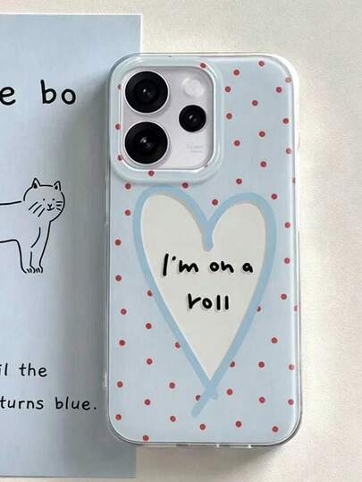 "I'm On A Roll" Text Polka Dot Line Heart Red & Blue Color Scheme Creative Phone Case - Compatible With Apple 17 Pro Max Air 16 15 14 13 12 11 Pro Max Plus 14/15/16 Pro, Niche 17 PM Glossy Phone Protective Cover
