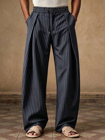Men's Spring/Autumn Vertical Striped Casual Pants, Elastic Waist Wide Leg Straight Long Pants, Commuter Versatile Loose Fit