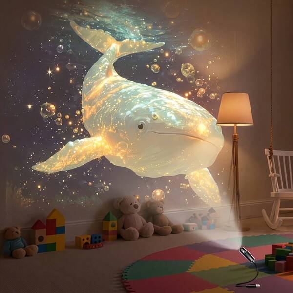 Luz de Proyección USB con Tema Oceánico Creativo y Soñador, Dispositivo Portátil de Iluminación de Atmósfera Clara, Proyecta Imágenes de Ballenas, Medusas, Delfines, Adecuado para Varias Superficies Planas (Incluye 4 Diapositivas de Proyección Diferentes)