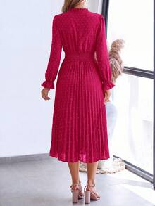 PRETTYGARDEN Women's Spring Fall Midi Dress Casual Long Sleeve V Neck Swiss Dot Pleated A Line Flowy Dresses New Years Party Valentine Vacation Dresses For Women - 玫紅色 - 查看 2