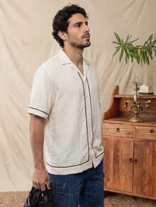 glestore Men's Retro Casual Color-Blocked Linen Short-Sleeve Shirt: A Versatile Men's Shirt Perfect For Both Work And Vacation - Beige - View 3