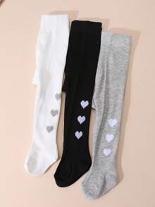 3 Pairs Baby Girls Heart Pattern Solid Color Tights, High Elasticity Soft Baby Leggings, Basic Everyday Wear - Multicolor - View 6