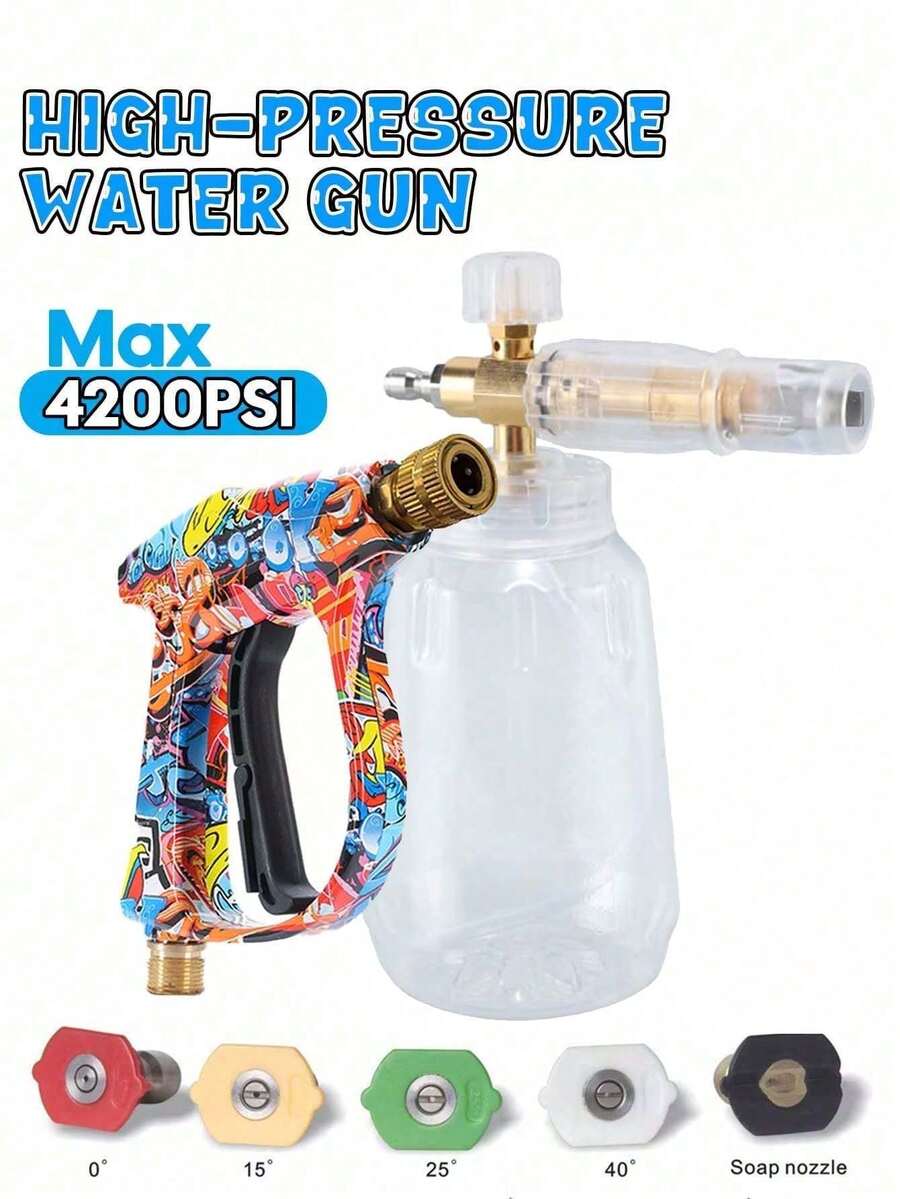 YAIUZGOO 高壓洗車水槍,適用於汽車清潔,M22進水口,配有快接噴嘴和快速轉換接頭,適合多種場合,多色塗鴉設計,耐用金屬結構,安裝簡單,洗車槍套裝 - 彩色 - 查看 1