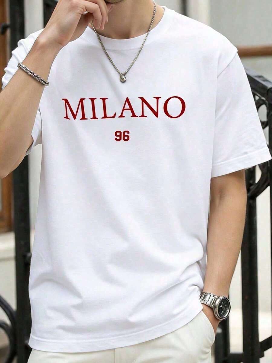 vintage2026Manfinity Homme Lässiges Kurzarm-T-Shirt mit Rundhalsausschnitt und Buchstabendruck für Herren, vielseitiges Sommer-Outfit für Herren, Sommer-Oberteile - Weiss - Übersicht 1