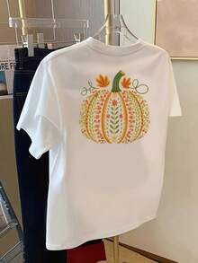 T-shirt con stampa frontale e posteriore, autunnale, motivo zucca, girocollo da donna, manica corta casual, vestibilità comoda, stile classico, articolo alla moda, top da donna con - Bianco - Visualizzare 1
