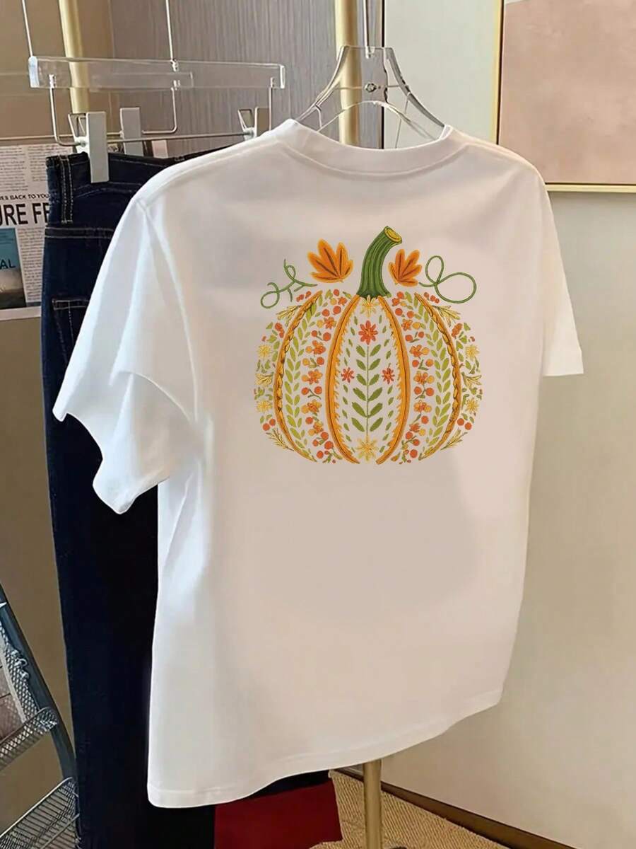 T-shirt con stampa frontale e posteriore, autunnale, motivo zucca, girocollo da donna, manica corta casual, vestibilità comoda, stile classico, articolo alla moda, top da donna con - Bianco - Visualizzare 1