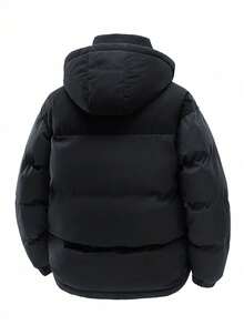 Men's Plus Size Colorblock Thick Warm Hooded Padded Coat, Autumn/Winter - Black - View 3