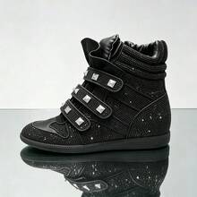 New Women's Suede Sneakers (Model Year 2026): Hidden Wedge Heel, Lightweight Upper, Concealed Reinforced Heel, Retro Street Style - 黑鑲鑽 - 查看 4