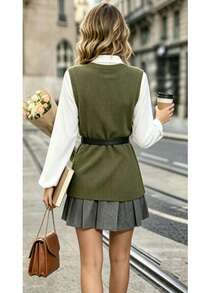 2-Piece Set: Long-Sleeved Dress Shirt + Ribbed Knit Vest With Side Slit And Belt - 軍綠色 - 查看 2