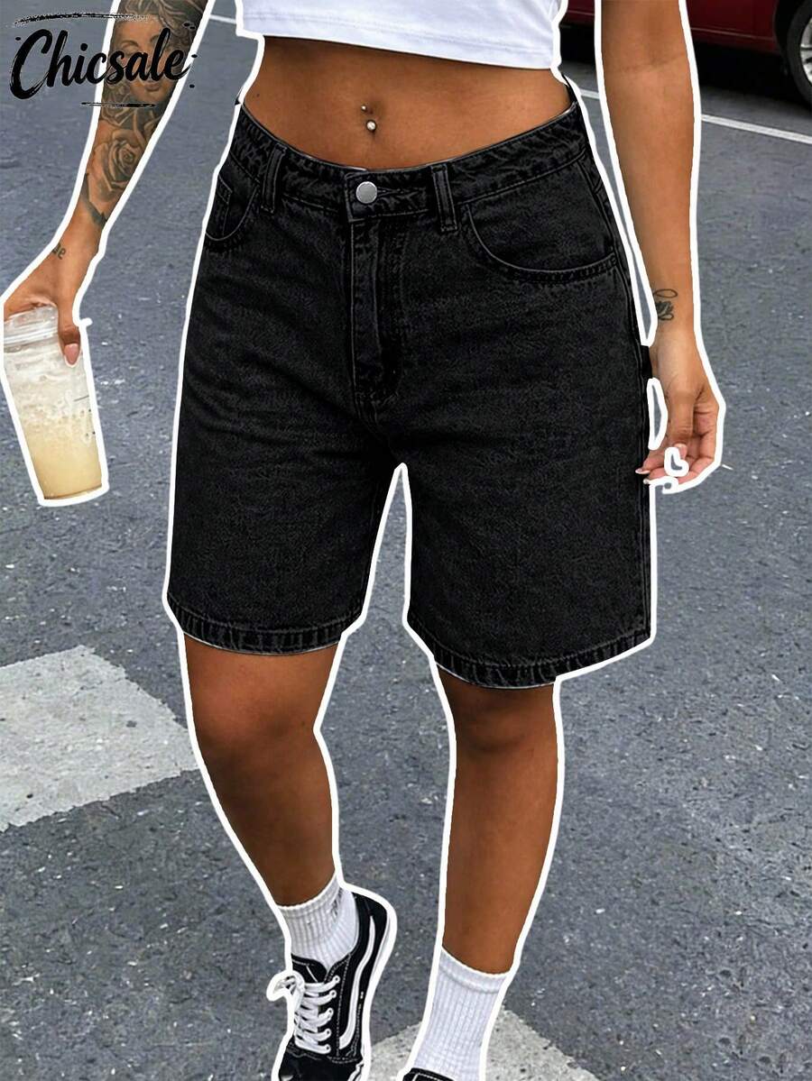女款休閒日常百慕大牛仔短褲 夏季風格 黑色 - 黑色 - 查看 1