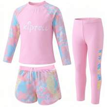 Tween Girl Letter Print Long Sleeve Top, Long Pants And Shorts Burkini Separates Swimsuit Set, Suitable For Summer Vacation - Pink - View 3