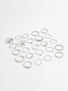 24PCS Minimalist Small Silver Tone Ring Set, Fashion Rhinestone Butterfly & Flower Stackable Rings, Ins Style Multi- Layered Ring Set For Women - Silver - View 3