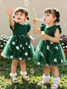 Baby Girl Elegant Floral Embroidery Mesh Flutter Sleeve Princess Dress, Summer - Dark Green - View 1