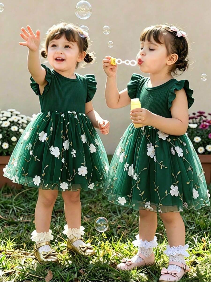 Baby Girl Elegant Floral Embroidery Mesh Flutter Sleeve Princess Dress, Summer - Dark Green - View 1