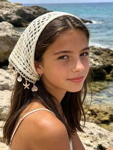 1pc Early Autumn Kids Beach Vacation Style Cream White Hollow Crochet Triangle Headband With Starfish Shell Conch Pendant Tassel Knitted Headscarf Sweet Girl Beach Photo Cute Hair Accessory - White - View 5