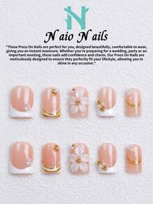 NAIO 10片/組手工穿戴式假指甲，3種尺寸：棺材型/杏仁型/短方型，Y2K優雅風，裸粉色法式美甲搭配3D花卉設計，金線與珍珠/金珠裝飾，適合女性與女孩，日常使用與派對，女士美甲禮物首選 - 彩色 - 查看 16