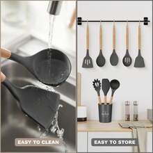 Silicone Kitchen Utensils Set With Wooden Handle, Non-Stick Cooking Tools, Including Scraper, Kitchen Gadgets For Home Cooking - Multicolor - View 4