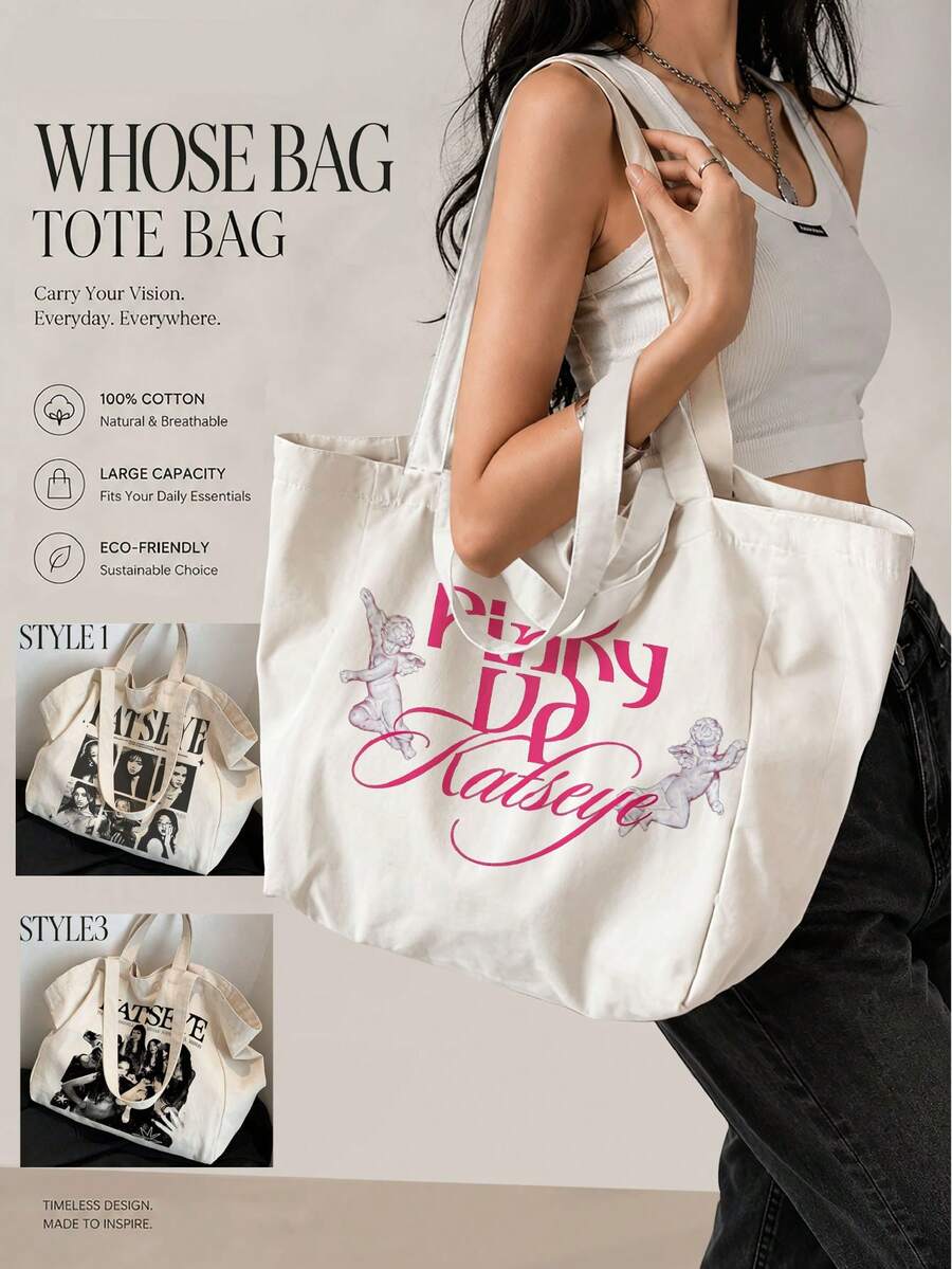 KATS/EYE Handbag/Shoulder Bag, PINKY UP, MANON, SOPHIA, DANIELA, LARA, MEGAN, YOONCHAE, Y2K Retro Style Pattern, Large Capacity Canvas Bag, CAT EYE KATSEYE Tote Bag, EYEKONS Fan Enthusiast Versatile Item - Multicolor - View 1