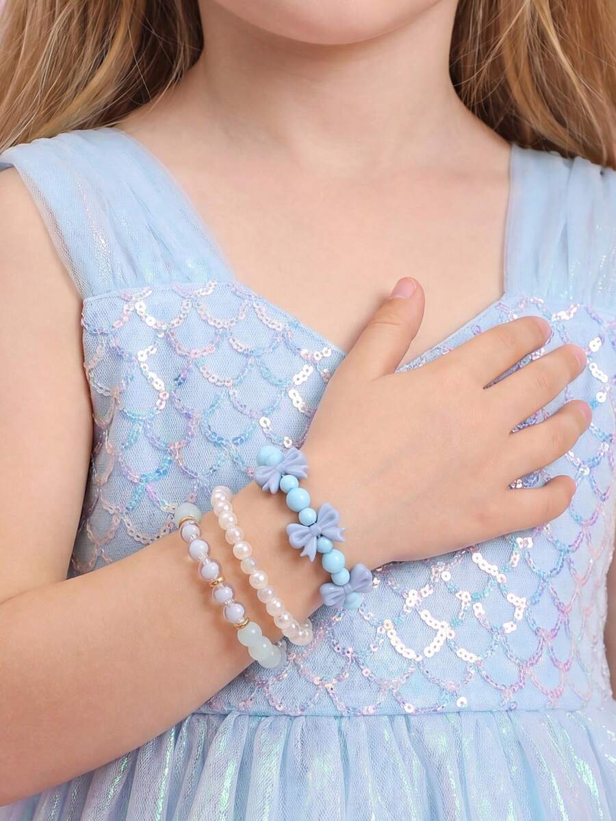 3pcs/Set Girls Cartoon Bow Colorful Beads Beaded Bracelet Set Combination Suitable For Daily Decoration - Multicolor - View 1