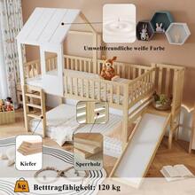 Bunk Bed With Right-Angled Ladder And Slide, House Bed With Roof And Window, With Fall Protection And Railing, Pine Frame, Natural+White (90x200cm) - Natural - 查看 7
