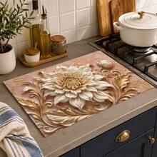 1pc 3D Floral Print Diatomaceous Earth Kitchen Drying Mat, Non-Slip Heat-Resistant Absorbent Mat, Suitable For Kitchen Countertop, Coffee Machine, Tableware, Home Cafe Bar Party Decor Placemat Gift - Multicolor - View 4