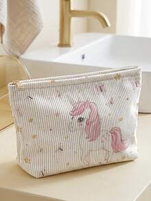 1pc Cherry Blossom Floral Unicorn Print Corduroy Zipper Makeup Bag Toiletry Bag, Large Capacity Lined Storage Bag, Suitable For Travel, School And Girls Daily Use - Multicolor - View 8