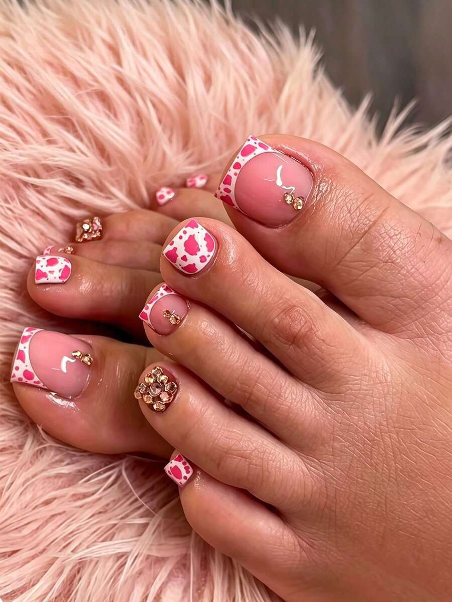 24pcs Kuku Tempel French Press Full Coverage Motif Leopard Pink Y2K Romantis dengan Glitter Emas untuk Wanita dan Anak Perempuan, Cocok untuk Pesta Musim Panas, Kantor, dan Pemakaian Sehari-hari, Termasuk 1 Lembar Perekat dan 1 Kikir Kuku Mini, Pengiriman Acak - MultiWarna - View 1