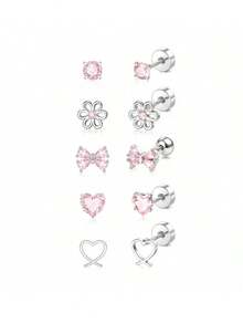 5 Pairs Women's Hypoallergenic Earrings, Cute Screw Back Earrings, Surgical Steel Cute Pink Butterfly Heart Flower CZ Flat Back Studs - 5 Pairs Of Pink Stud Earrings + Butterfly Stud Earrings - View 6