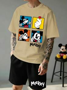 Disney 2pcs Mickey Mouse Print Men's Casual Homewear Set, Round Neck Top And Shorts, Suitable For Spring/Summer - Apricot - View 2