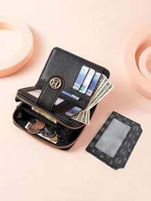 New Lychee Grain Letter Wallet, Large Capacity, Multiple Card Slots, Short Medium Size Wallet, Thickened Durable Clutch, Vintage Coin Purse, Women's Zippered Wallet, Multiple Compartments, Card Holder, Small Wallet - Black - View 4