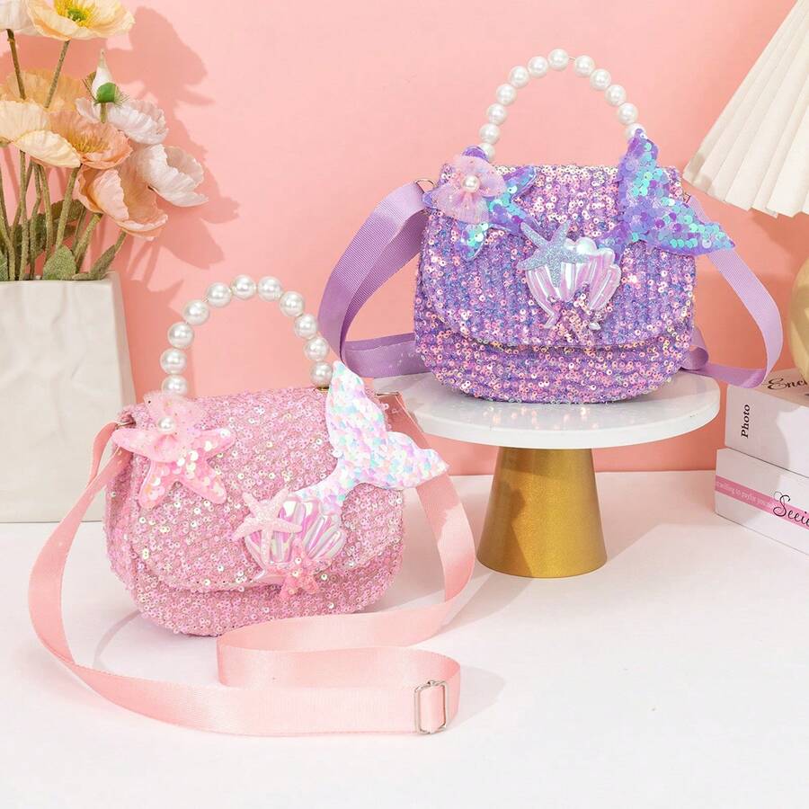Pearl Handle Mermaid Sequin Crossbody Bag, Starfish & Shell Decor Mini Shoulder Purse - Mermaid Sequined Version - View 1