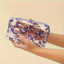 Lila transparenter Federmäppchen und Schmetterlingsmuster Make-up Organizer Tasche, PVC Material große Kapazität Kulturbeutel, langanhaltend Reißverschluss Aufbewahrungstasche, Büro Reise tragbare Federmäppchen, Schulanfang Saison universelle Schreibwaren Make-up Tasche - mehrfarbig - Übersicht 2
